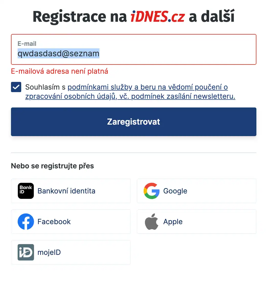 idnes neplatná registrace, příklad formuláře