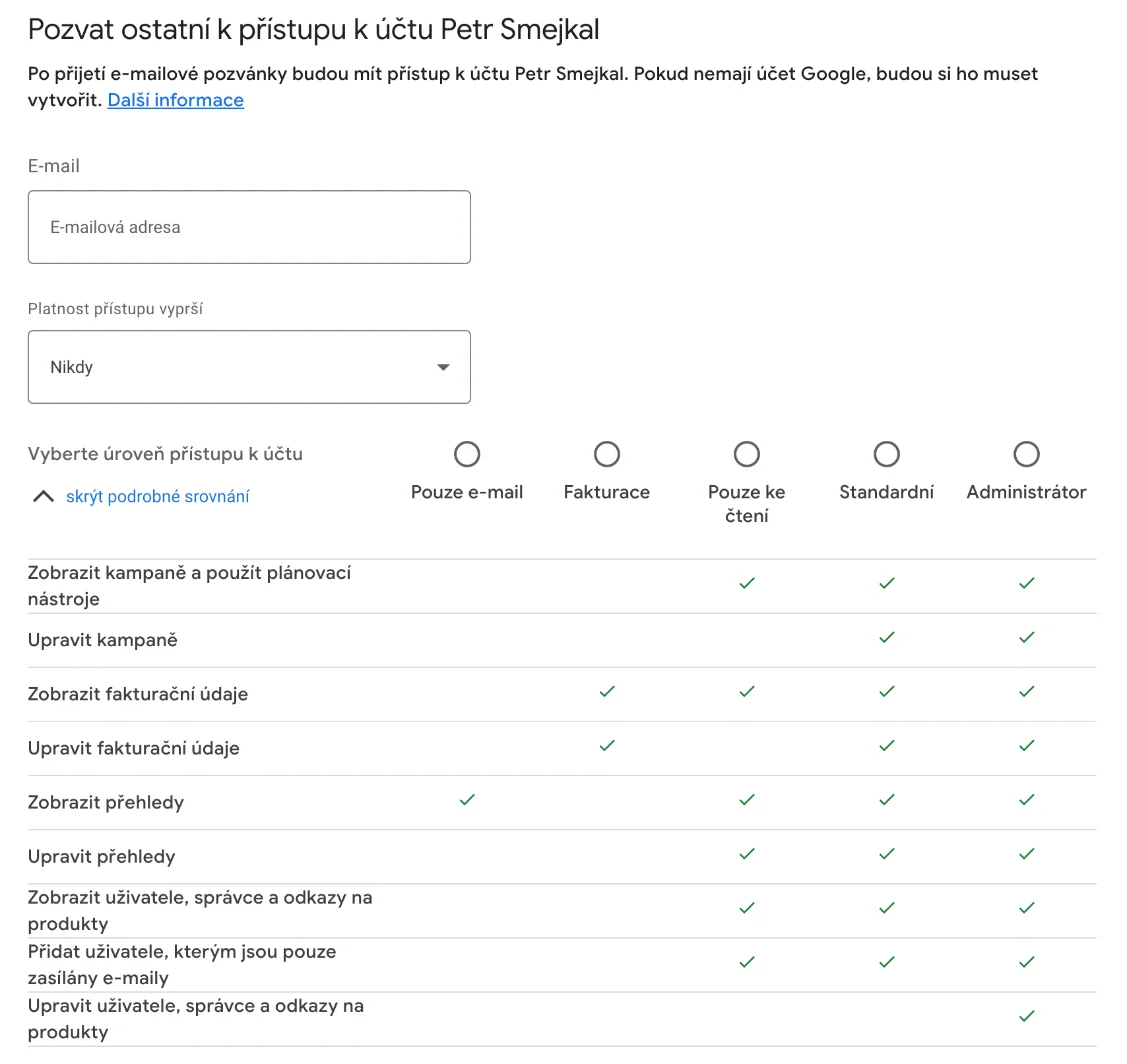 Přístup do Google Ads pro agenturu: volba úrovně přístupu Standardní nebo Administrátor
