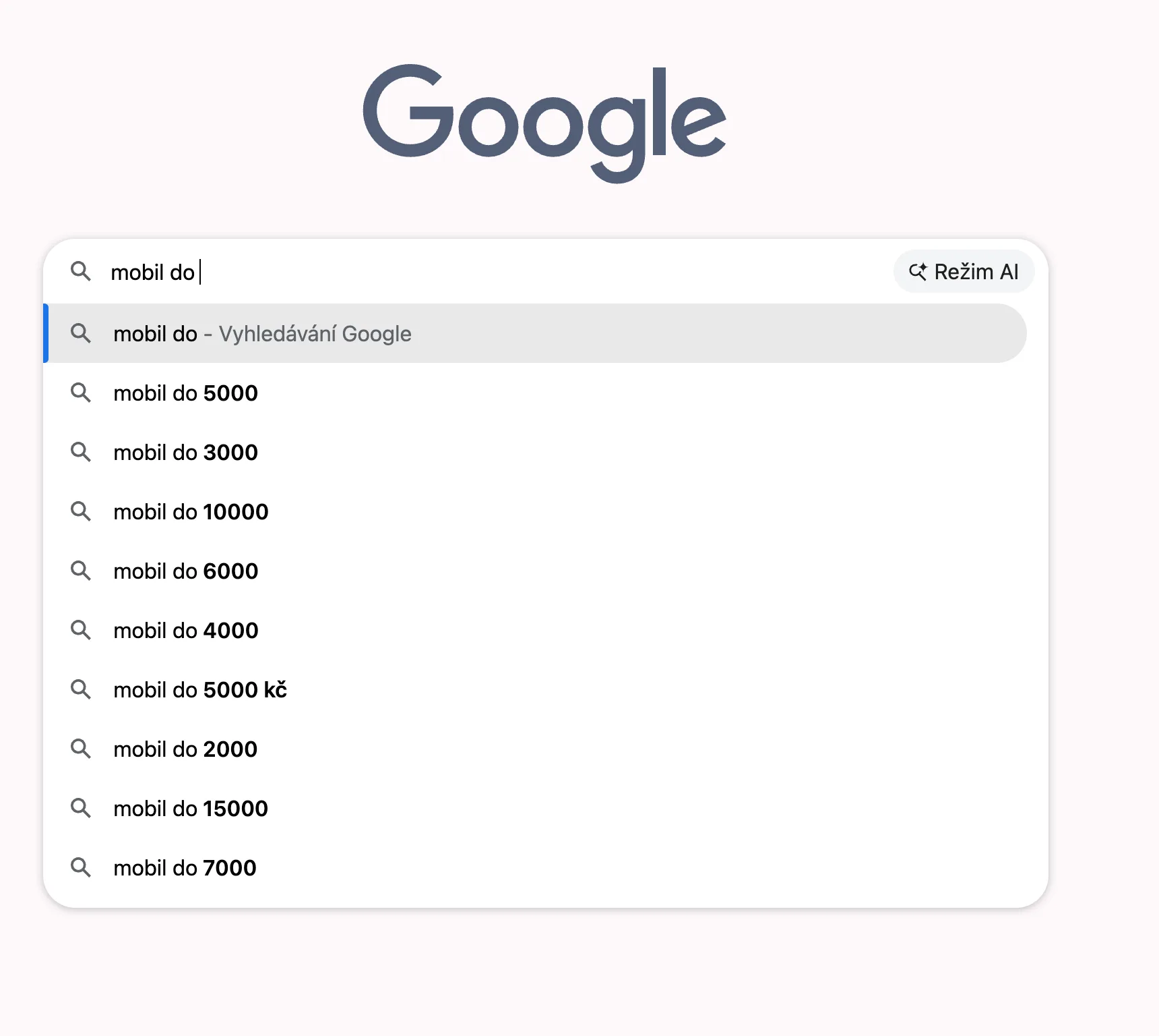 Google našeptávač pro dotaz „mobil do“ nabízí 5000, 3000, 10000, 6000, 4000 a další