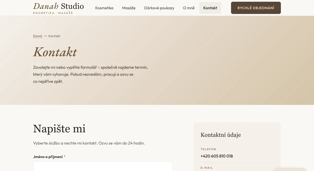Nový kontakt Danah Studio – klidný layout, formulář a telefon