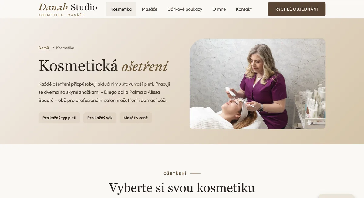 Nová stránka kosmetiky na webu Danah Studio – přehledná struktura ošetření