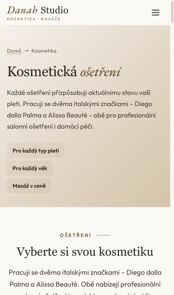 Mobilní stránka kosmetiky Danah Studio