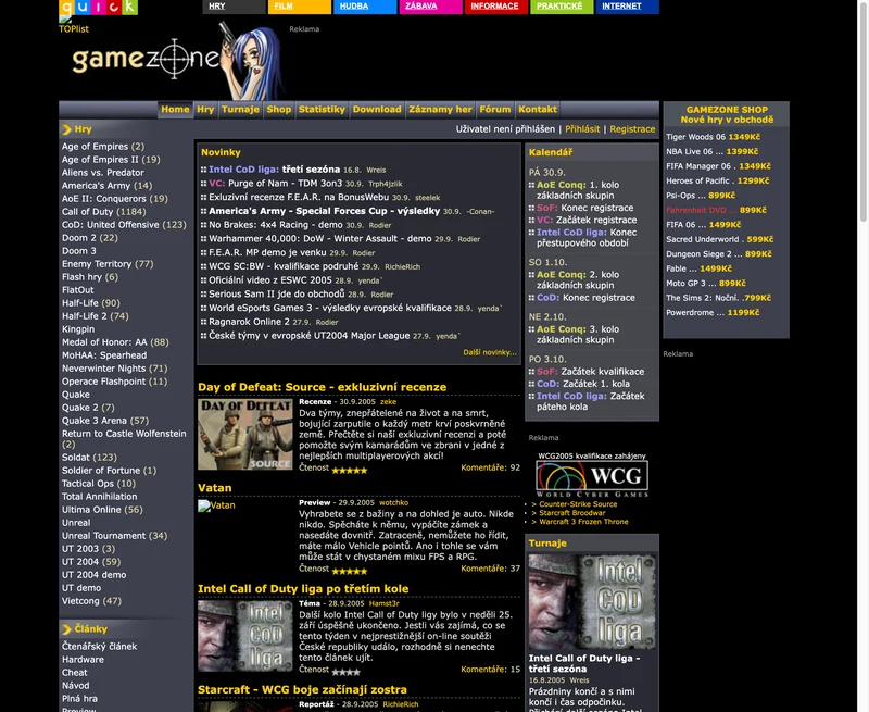 Archivní podoba herního serveru GameZone z roku 2005 se seznamem her, turnajů a Intel Call of Duty ligou